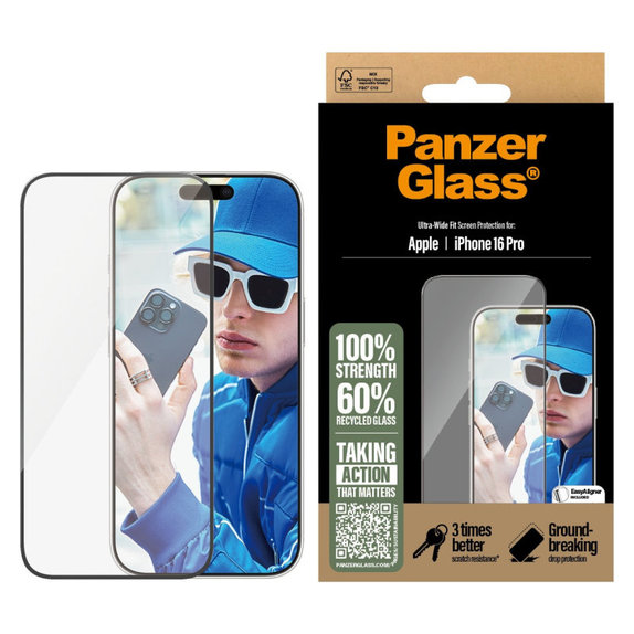 Vetro temperato UWF con applicatore per iPhone 16 Pro, Nero, PanzerGlass
