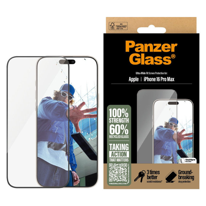 Vetro temperato UWF con applicatore per iPhone 16 Pro Max, Nero, PanzerGlass