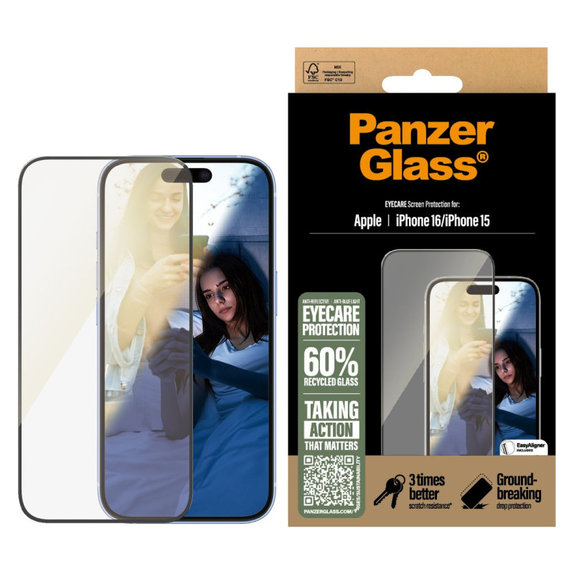 Vetro temperato UWF Eyecare con applicatore per iPhone 16/15, Nero, PanzerGlass