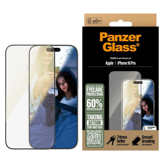 Vetro temperato UWF Eyecare con applicatore per iPhone 16 Pro, Nero, PanzerGlass
