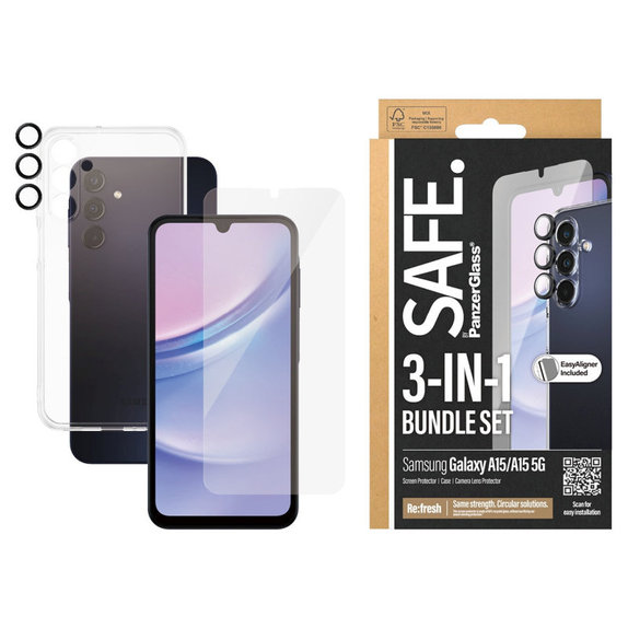 Bundle protezione lente fotocamera + vetro temperato UWF + cover TPU per Samsung A15 5G, SAFE