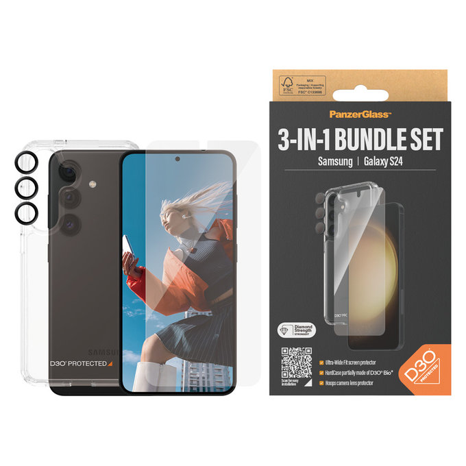 Bundle Hoops + Vetro temperato UWF + Hard Case D3O per Samsung Galaxy S24, PanzerGlass