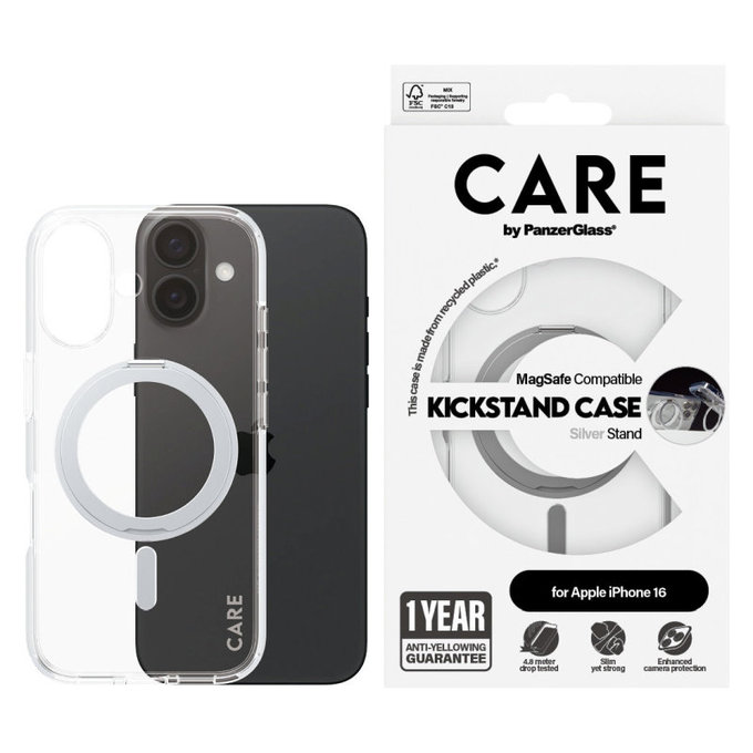 Cover Kickstand con MagSafe per iPhone 16, Argento, CARE