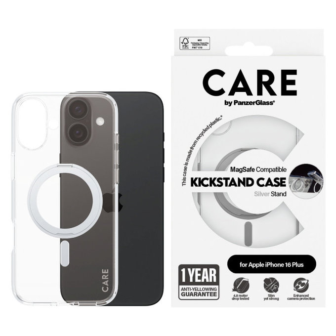Cover Kickstand con MagSafe per iPhone 16 Plus, Argento, CARE