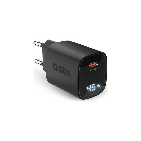 Adattatore da viaggio LCD USB-C, GaN, 45 W PD, nero, SBS