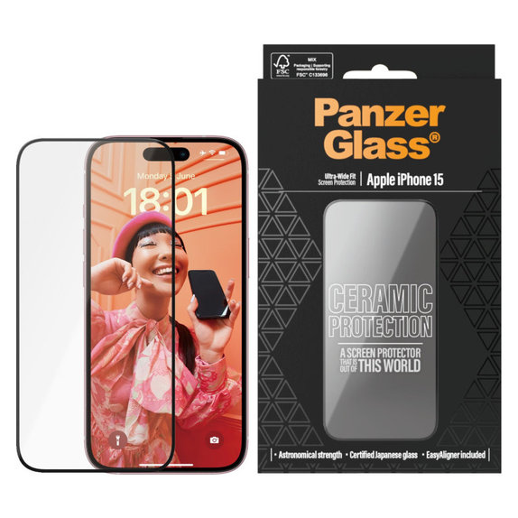 Vetro temperato UWF Ceramic con applicatore per iPhone 15, Nero, PanzerGlass
