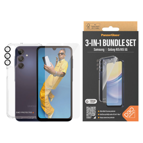 Bundle Hoops + Vetro temperato UWF + Hard Case D3O per Samsung Galaxy A15/A15 5G, PanzerGlass