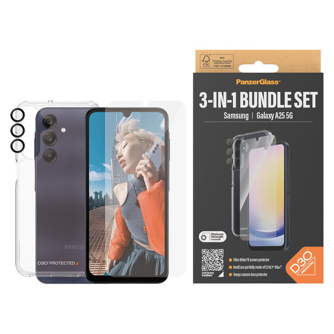 Bundle Hoops + Vetro temperato UWF + Hard Case D3O per Samsung Galaxy A25 5G, Trasparente, PanzerGlass