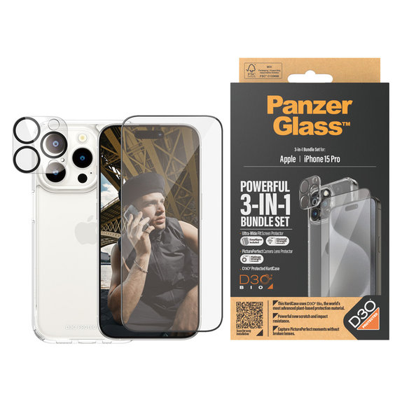 Bundle PicturePerfect + Vetro temperato UWF + Hard Case D3O per iPhone 15 Pro, PanzerGlass