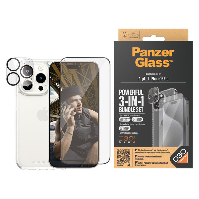 Bundle PicturePerfect + Vetro temperato UWF + Hard Case D3O per iPhone 15 Pro, PanzerGlass