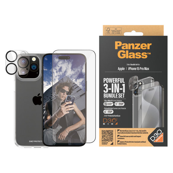 Bundle PicturePerfect + Vetro temperato UWF + Hard Case D3O per iPhone 15 Pro Max, PanzerGlass