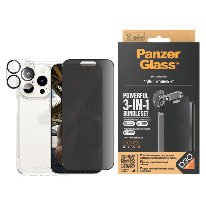 Bundle PicturePerfect + Vetro temperato UWF Privacy + Hard Case D3O per iPhone 15 Pro, PanzerGlass