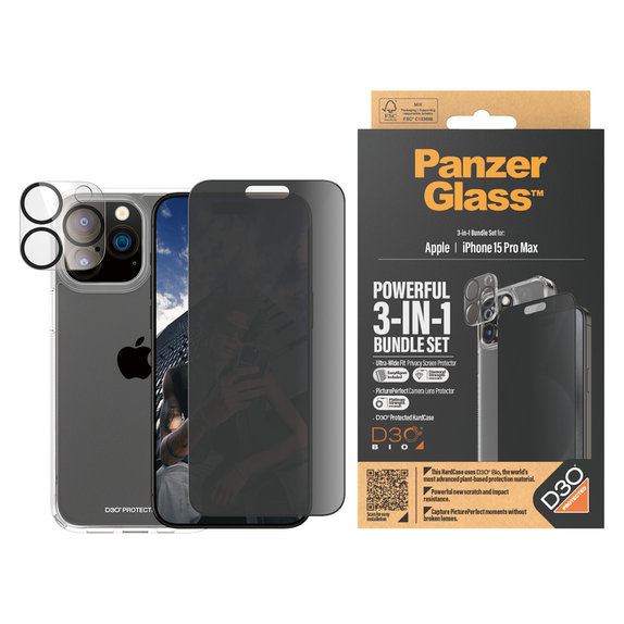 Bundle PicturePerfect + Vetro temperato UWF Privacy + Hard Case D3O per iPhone 15 Pro Max, PanzerGlass