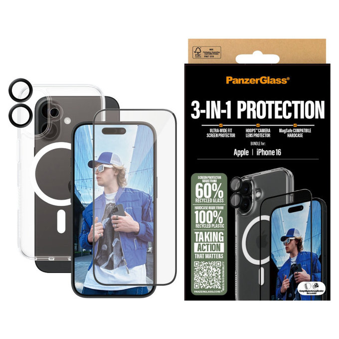 Bundle 3-in-1 Hoops + Vetro temperato UWF + Hard Case per iPhone 16, PanzerGlass