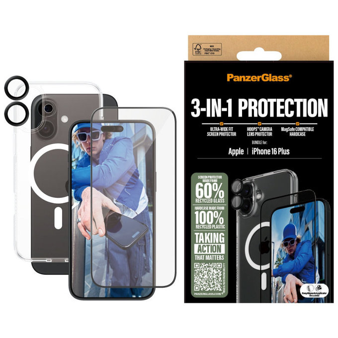Bundle Hoops + Vetro temperato UWF + Hard Case per iPhone 16 Plus, PanzerGlass