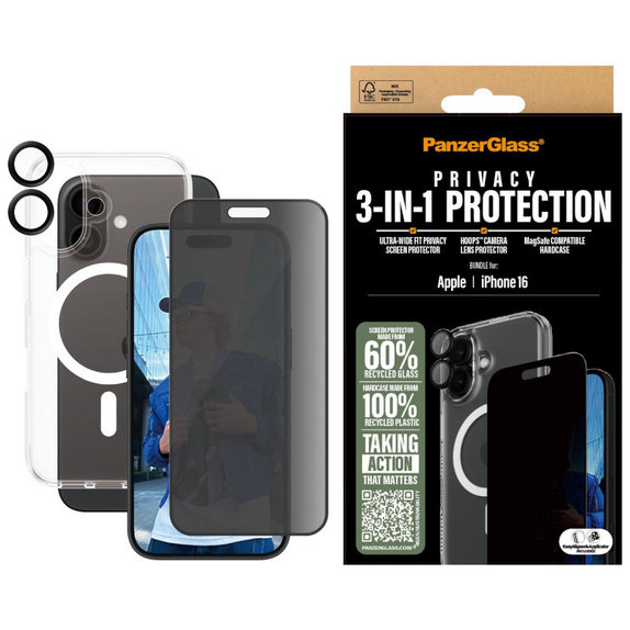 Bundle Hoops + Vetro temperato UWF Privacy + Hard Case per iPhone 16, PanzerGlass
