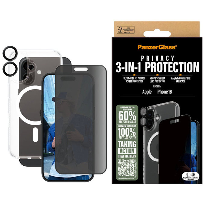 Bundle Hoops + Vetro temperato UWF Privacy + Hard Case per iPhone 16, PanzerGlass