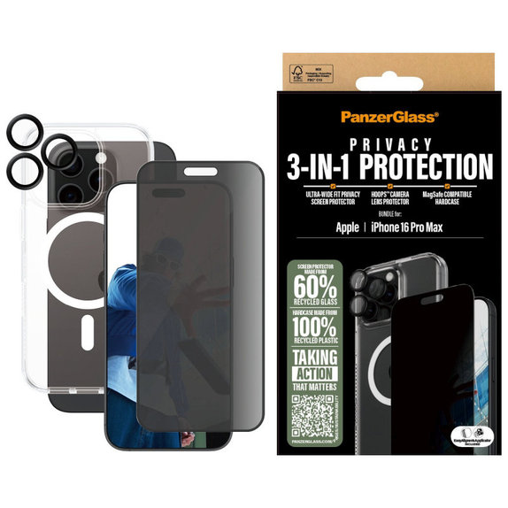Bundle Hoops + Vetro temperato UWF Privacy + Hard Case per iPhone 16 Pro Max, PanzerGlass