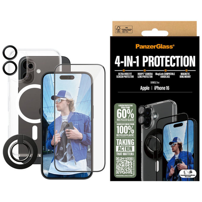 Bundle Hoops + Vetro temperato UWF + Hard Case + Magnetic Ring Mount per iPhone 16, PanzerGlass