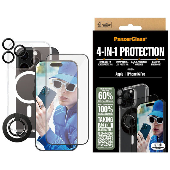 Bundle Hoops + Vetro temperato UWF + Hard Case + Magnetic Ring Mount per iPhone 16 Pro, PanzerGlass