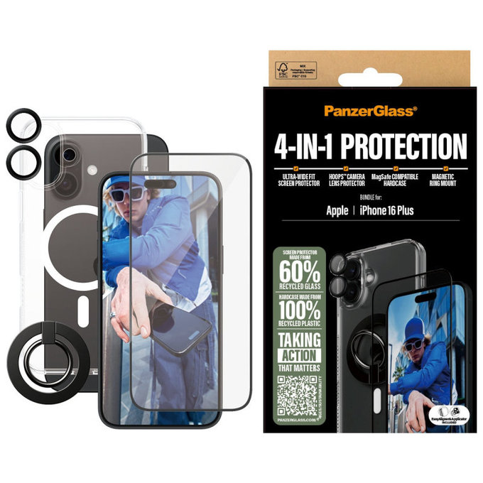 Bundle Hoops + Vetro temperato UWF + Hard Case + Magnetic Ring Mount per iPhone 16 Plus, PanzerGlass