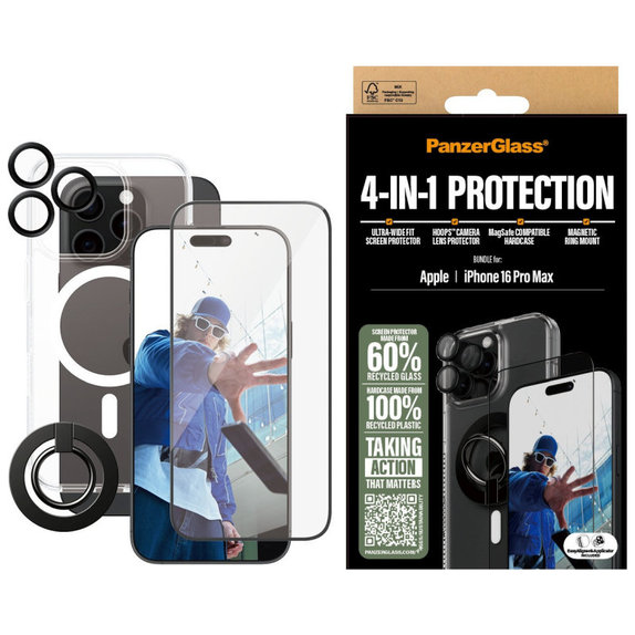 Bundle Hoops + Vetro temperato UWF + Hard Case + Magnetic Ring Mount per iPhone 16 Pro Max, PanzerGlass