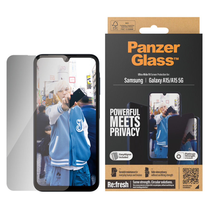 Vetro temperato UWF Privacy con applicatore per Samsung Galaxy A15/A15 5G, Nero, PanzerGlass