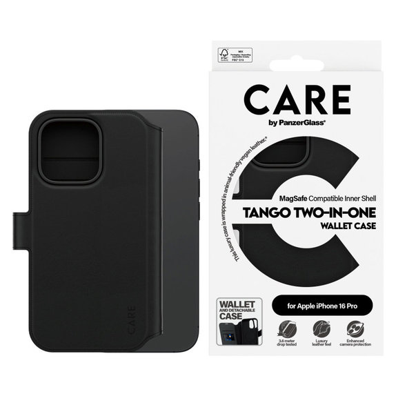 Cover Wallet Tango Two-In-One con MagSafe per iPhone 16 Pro, Nero, CARE
