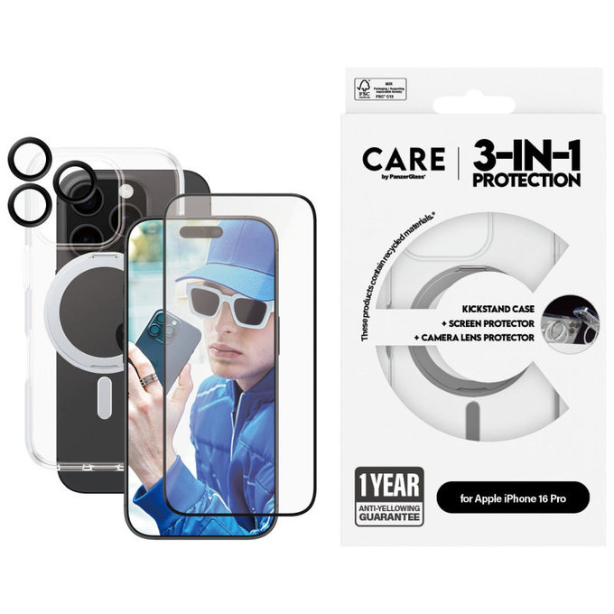 Bundle Hoops Ceramic + Vetro temperato UWF Ceramic + Cover Kickstand per iPhone 16 Pro, CARE