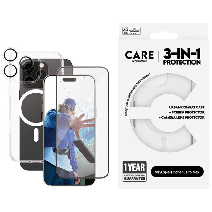 Bundle Hoops + Vetro temperato UWF + Cover Urban Combat per iPhone 16 Pro Max, CARE