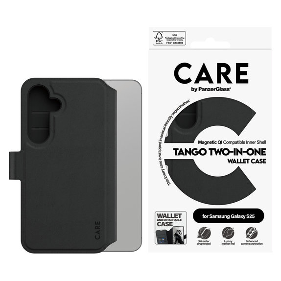 Custodia Wallet Tango Two-In-One con QI per Samsung Galaxy S25, Nero, PanzerGlass