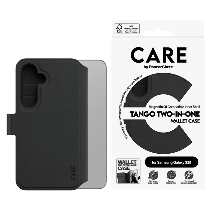 Custodia Wallet Tango Two-In-One con QI per Samsung Galaxy S25, Nero, PanzerGlass
