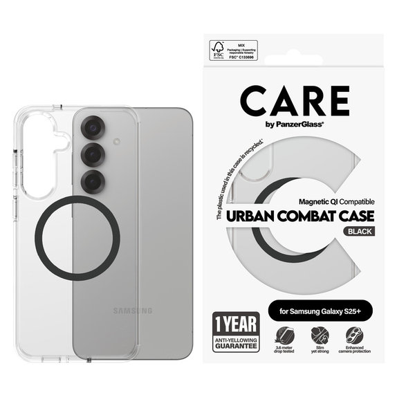 Custodia Urban Combat con QI nero per Samsung Galaxy S25+, Trasparente, PanzerGlass