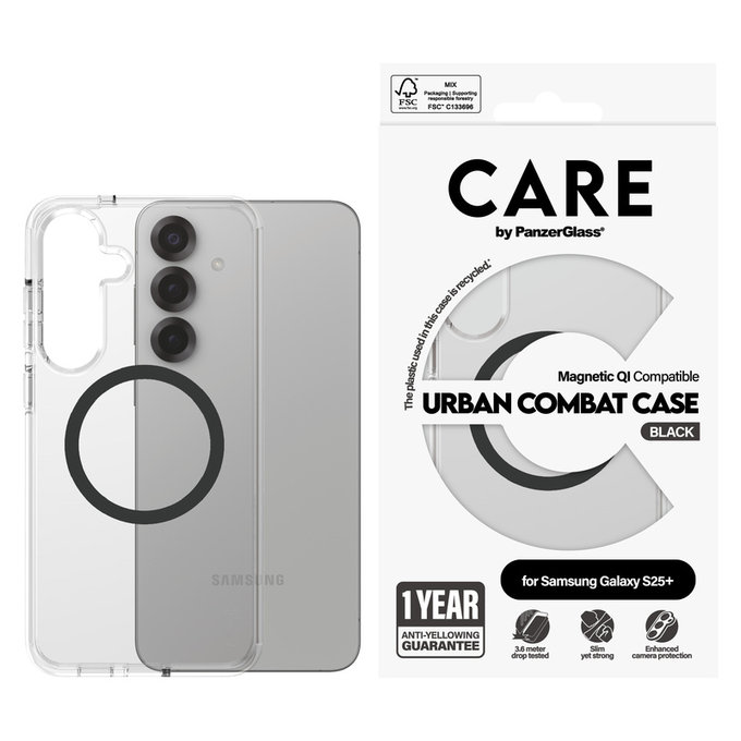 Custodia Urban Combat con QI nero per Samsung Galaxy S25+, Trasparente, PanzerGlass