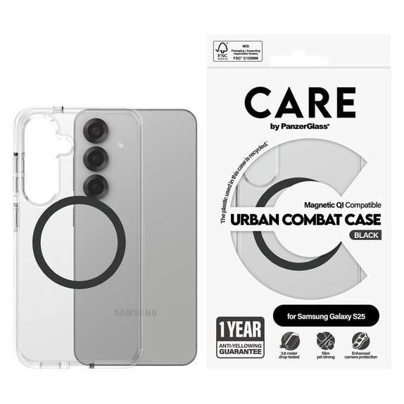 Custodia Urban Combat con QI nero per Samsung Galaxy S25, Trasparente, PanzerGlass