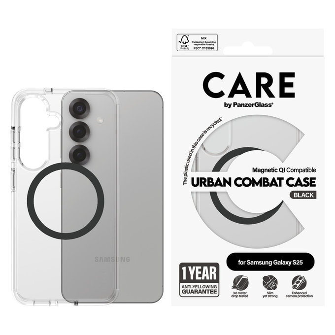 Custodia Urban Combat con QI nero per Samsung Galaxy S25, Trasparente, PanzerGlass