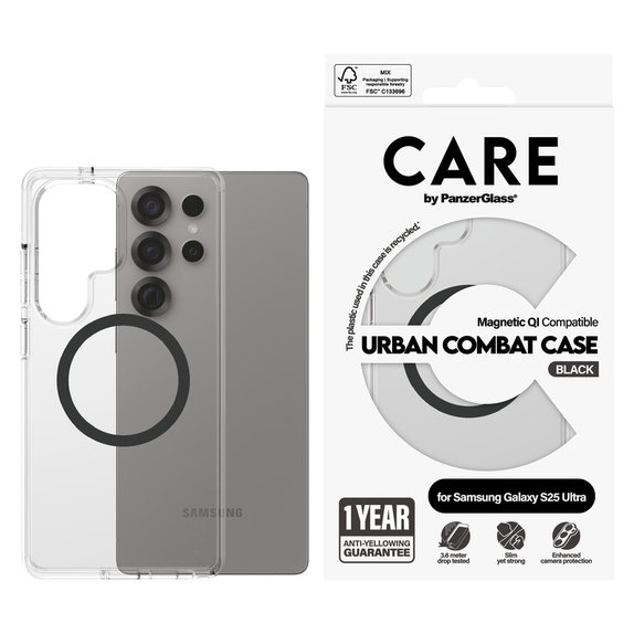 Custodia Urban Combat con QI nero per Samsung Galaxy S25 Ultra, Trasparente, PanzerGlass