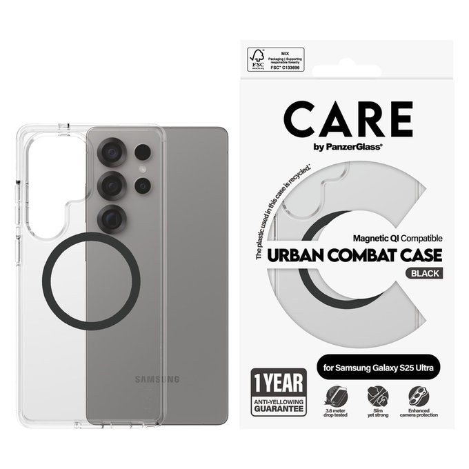 Custodia Urban Combat con QI nero per Samsung Galaxy S25 Ultra, Trasparente, PanzerGlass