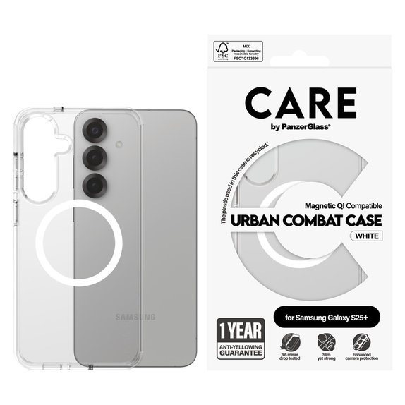 Custodia Urban Combat con QI bianco per Samsung Galaxy S25+, Trasparente, PanzerGlass