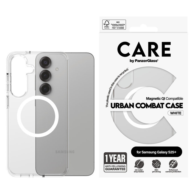 Custodia Urban Combat con QI bianco per Samsung Galaxy S25+, Trasparente, PanzerGlass