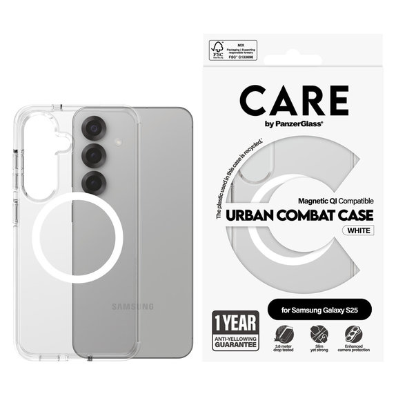 Custodia Urban Combat con QI bianco per Samsung Galaxy S25, Trasparente, PanzerGlass