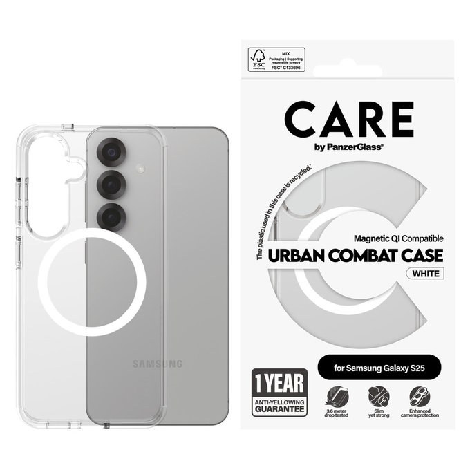 Custodia Urban Combat con QI bianco per Samsung Galaxy S25, Trasparente, PanzerGlass