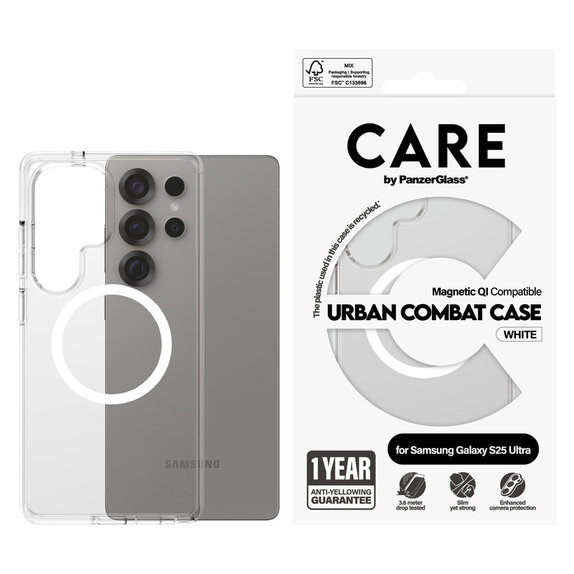Custodia Urban Combat con QI bianco per Samsung Galaxy S25 Ultra, Trasparente, PanzerGlass