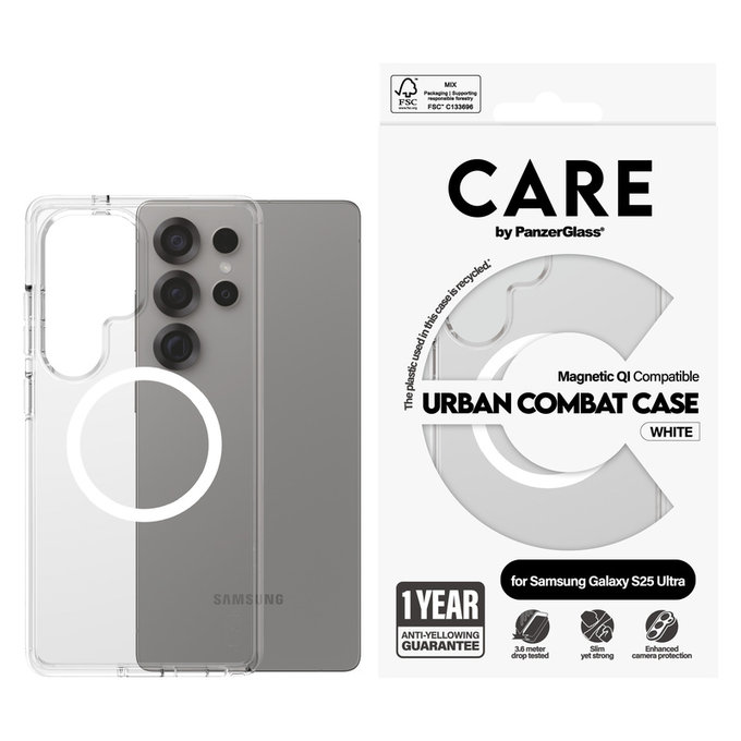 Custodia Urban Combat con QI bianco per Samsung Galaxy S25 Ultra, Trasparente, PanzerGlass