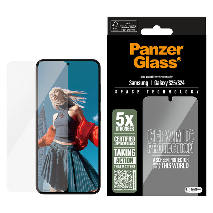 Vetro temperato UWF Ceramic con applicatore per Samsung Galaxy S25, Trasparente, PanzerGlass