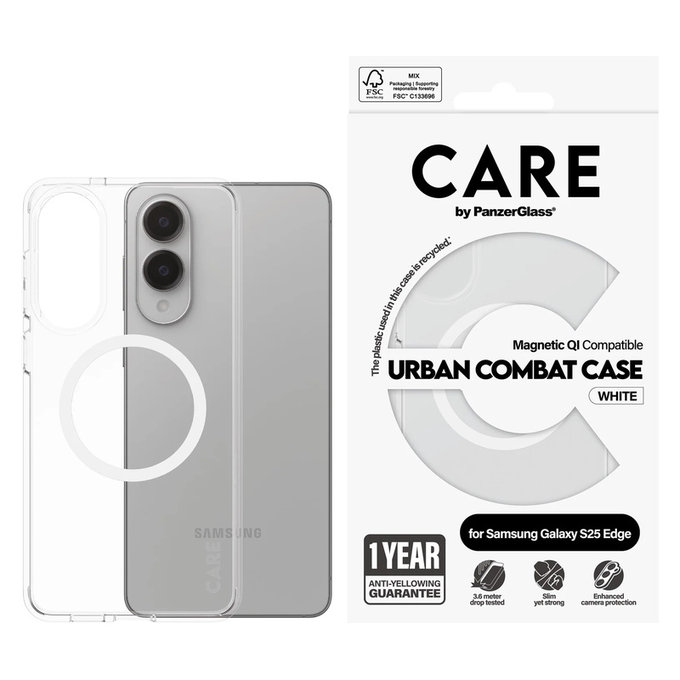 Custodia Urban Combat con QI bianco per Samsung Galaxy S25 Edge, Trasparente, PanzerGlass