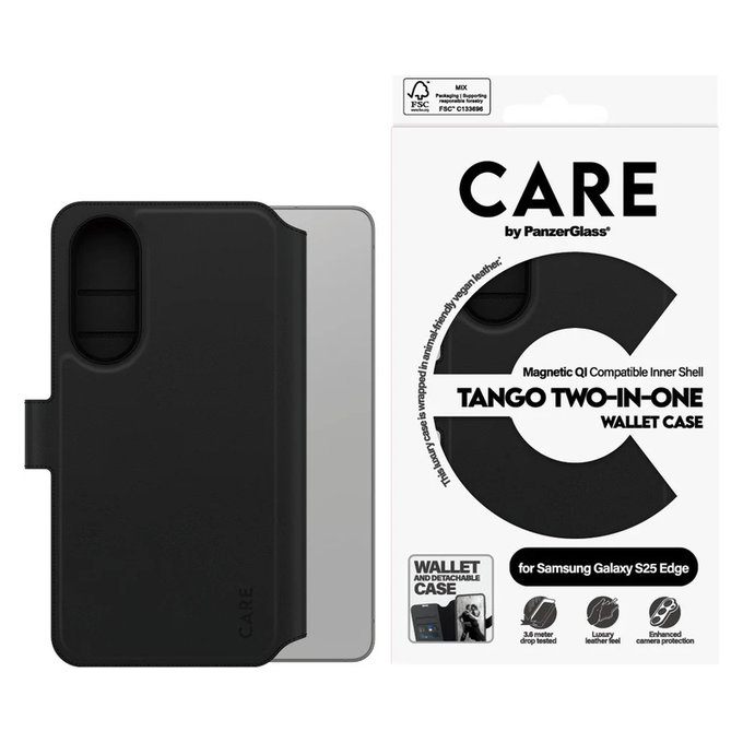 Custodia Wallet Tango Two-In-One con QI per Samsung Galaxy S25 Edge, Nero, PanzerGlass