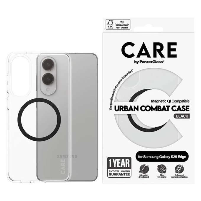 Custodia Urban Combat con QI nero per Samsung Galaxy S25 Edge, Trasparente, PanzerGlass
