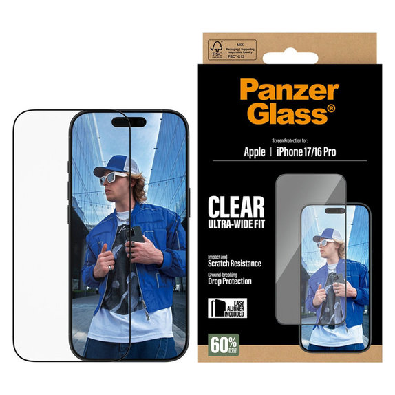 Vetro temperato UWF con applicatore per iPhone 17/16 Pro, Black, PanzerGlass