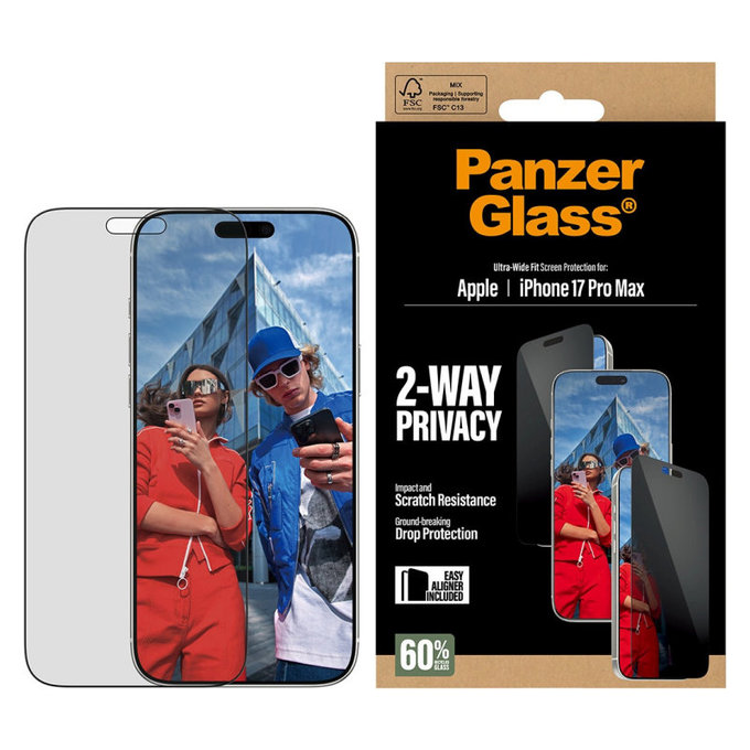 Vetro temperato privacy UWF 2-Way con applicatore per iPhone 17 Pro Max, Black, PanzerGlass